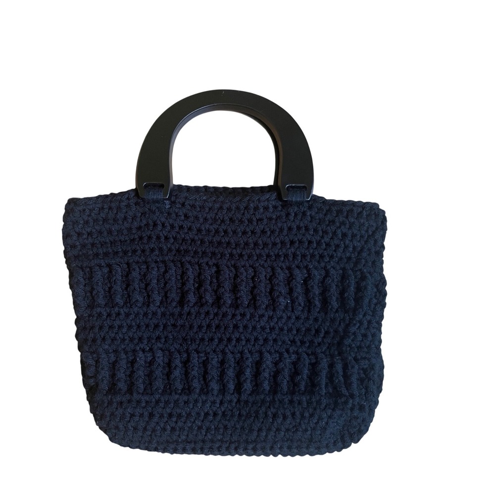 Black Crochet Knit Tote Bag with Round Top Handles Textured Handmade‎ Purse